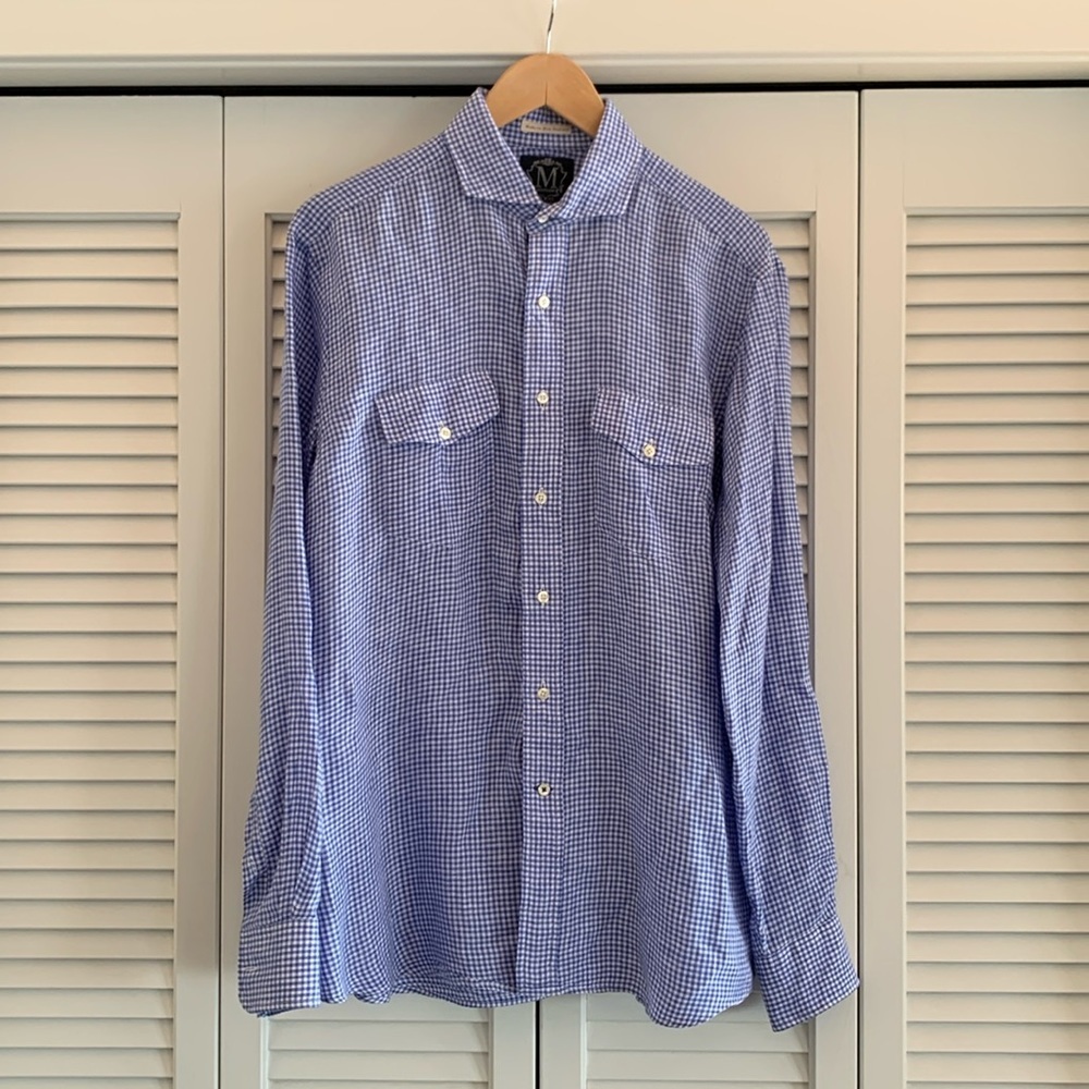 Mettlers American Mercantile Check Linen Shirt Men’s Blue White Button Up Size M